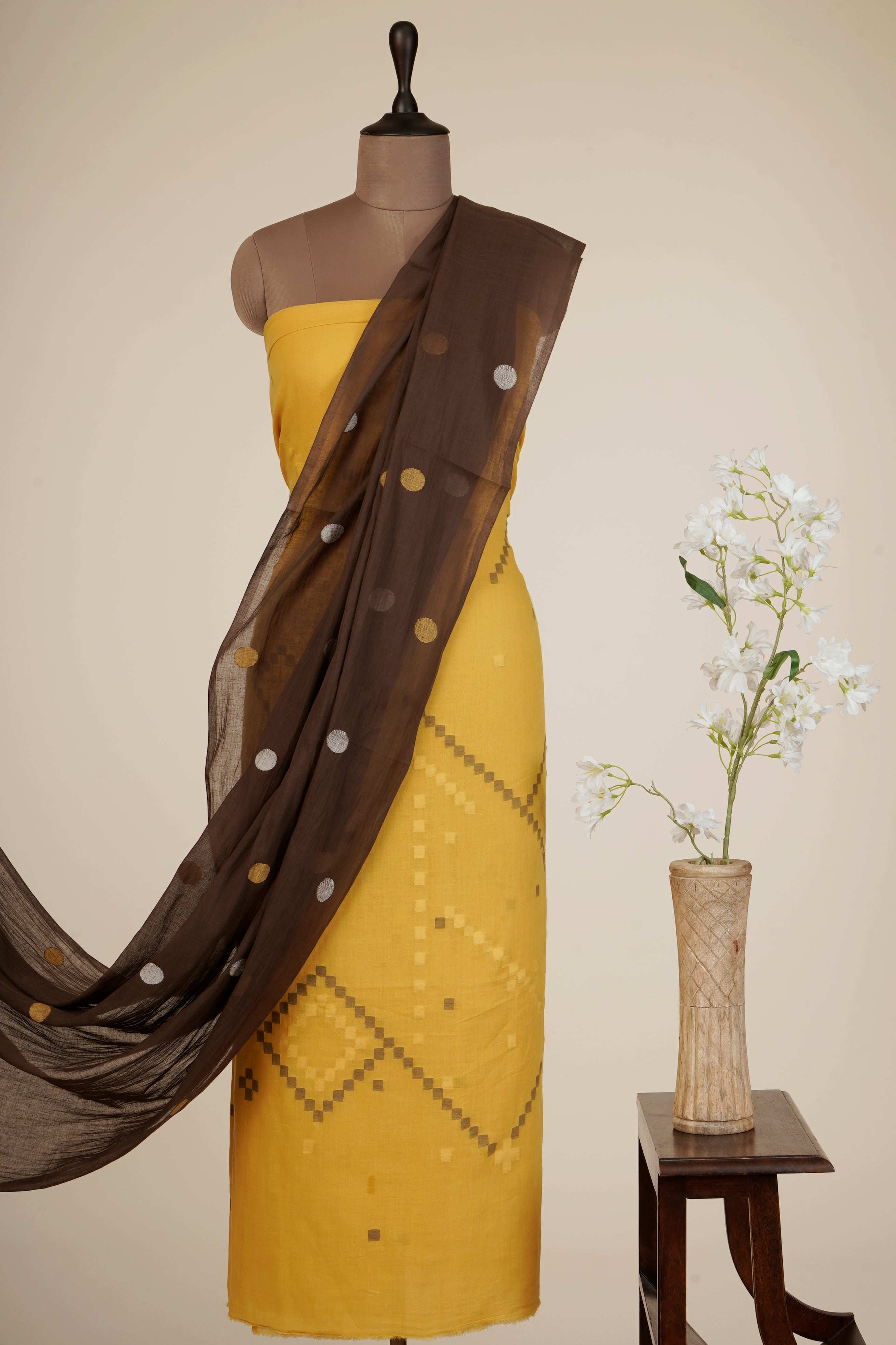 Yellow-Brown Color Handwoven Jamdani Cotton Suit Set with Tassel Dupatta