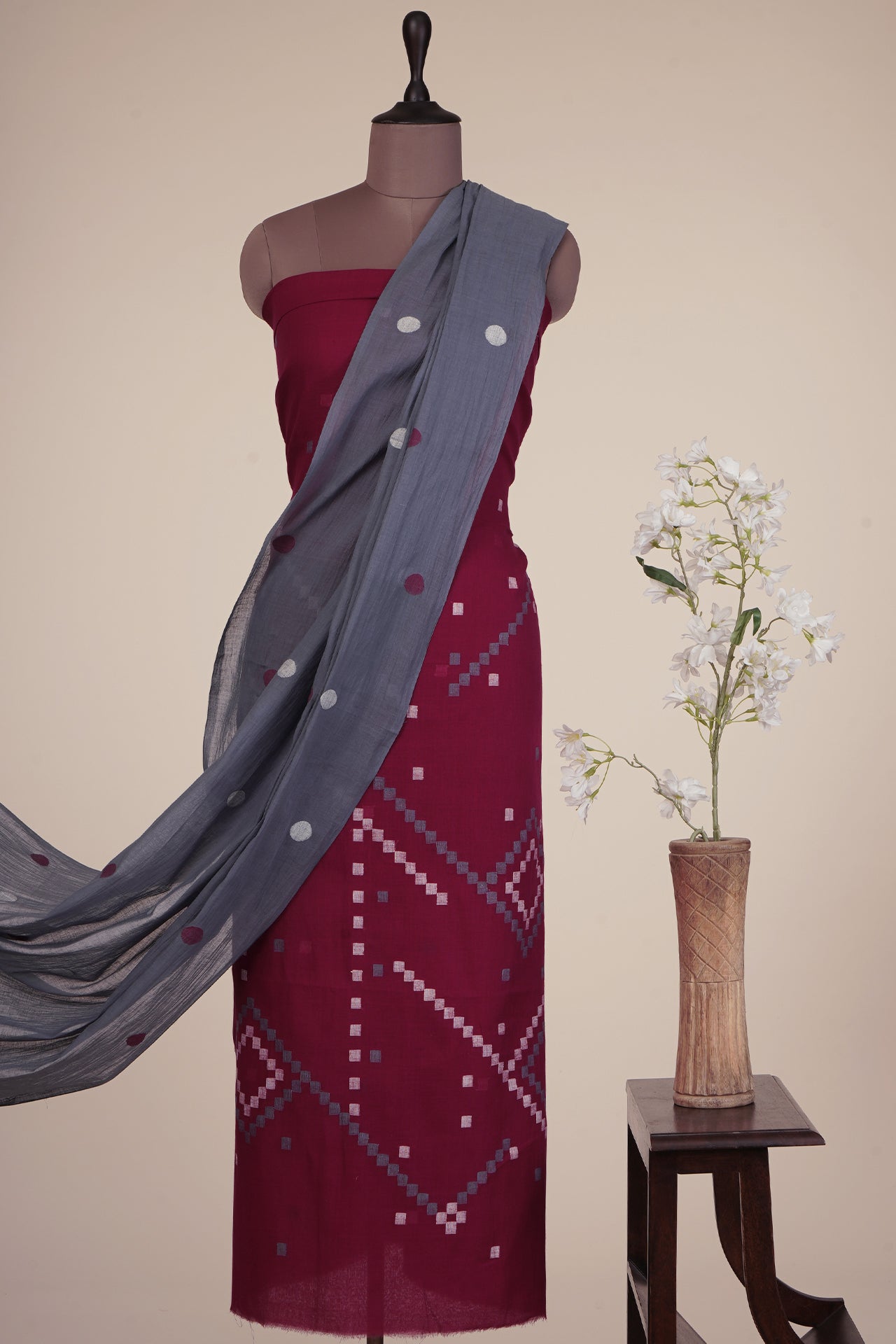 Maroon-Grey Color Handwoven Jamdani Cotton Suit Set with Tassel Dupatta