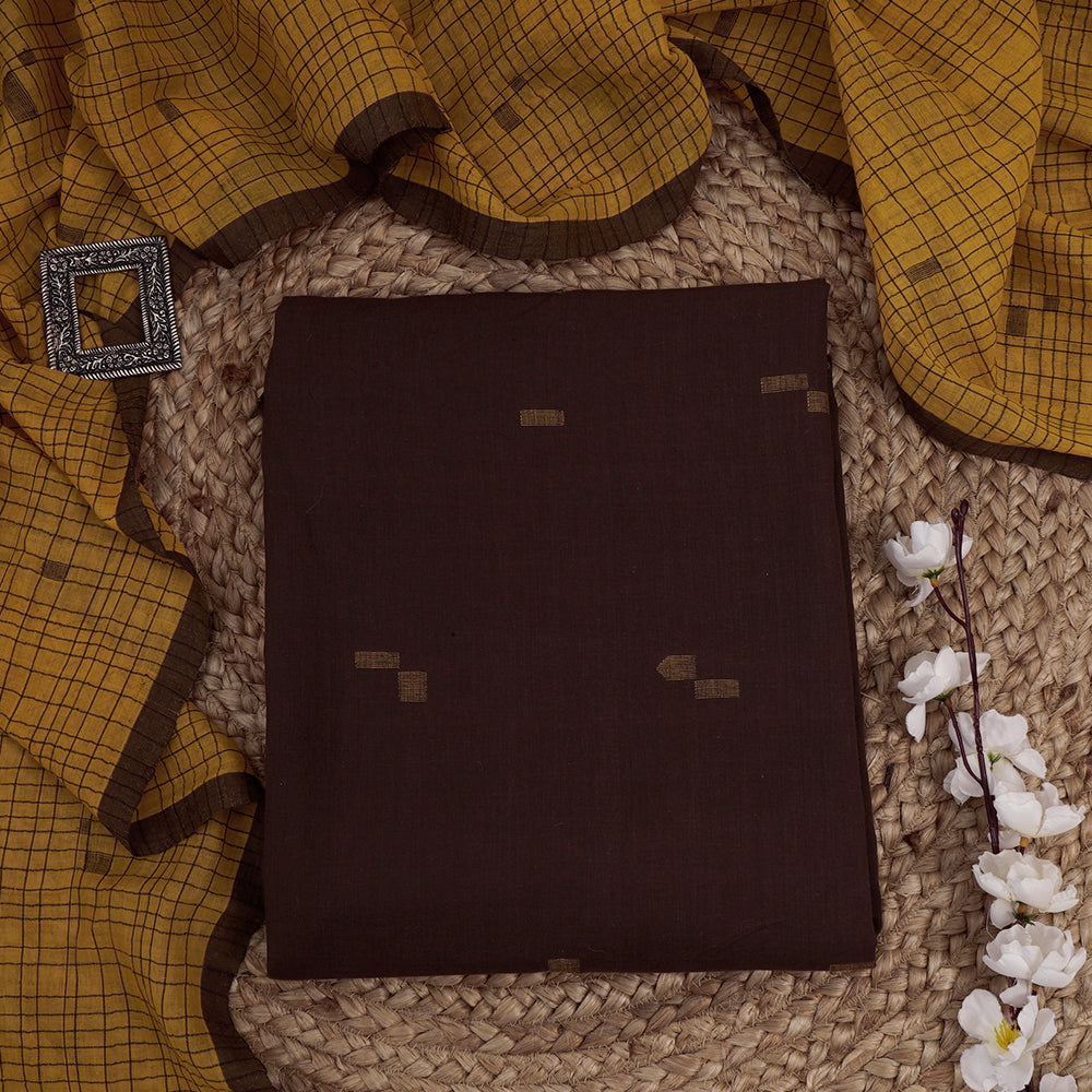 Brown-Yellow Color Handwoven Jamdani Cotton Suit Set with Tassel Dupatta