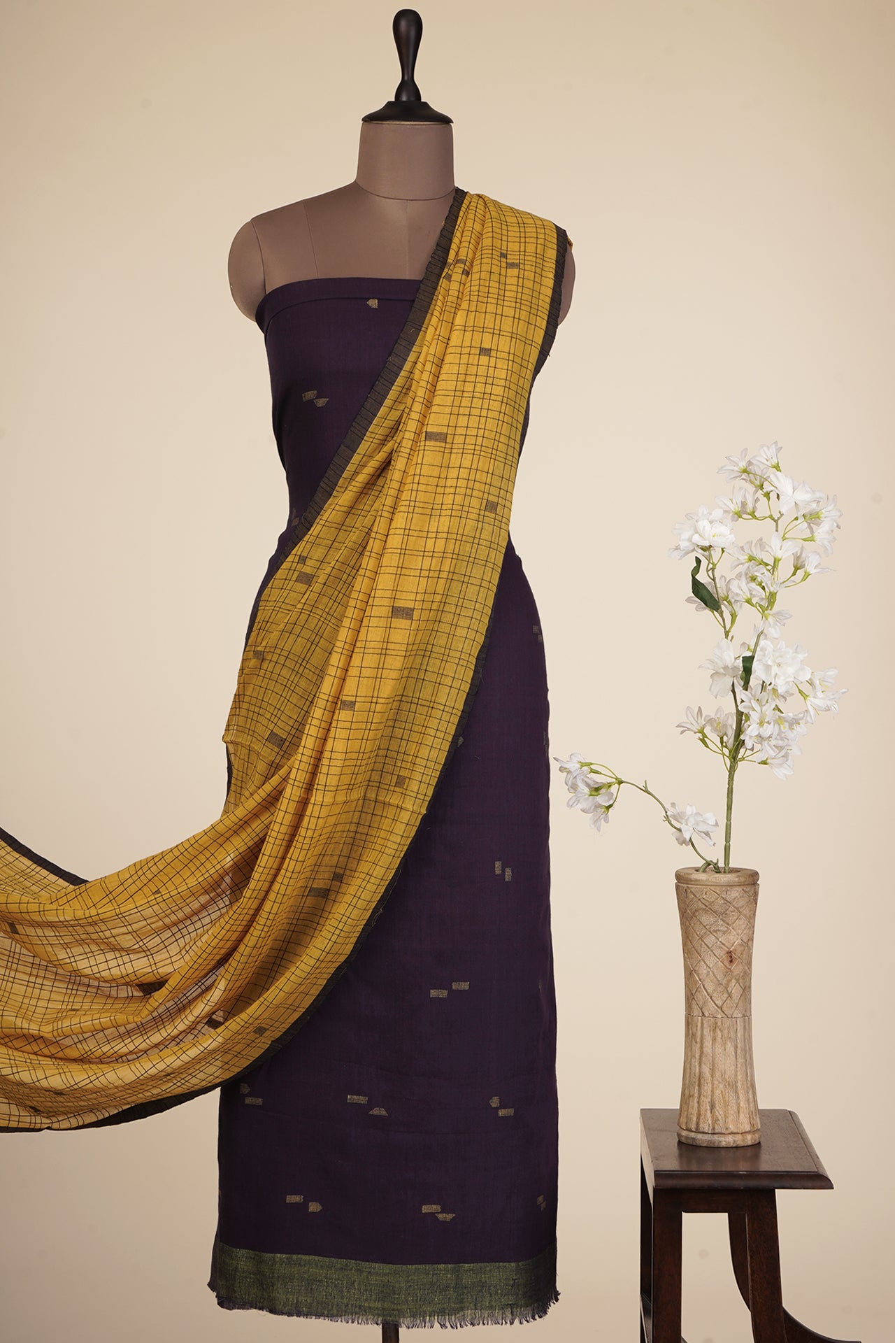 Blue-Yellow Color Handwoven Jamdani Cotton Suit Set with Tassel Dupatta