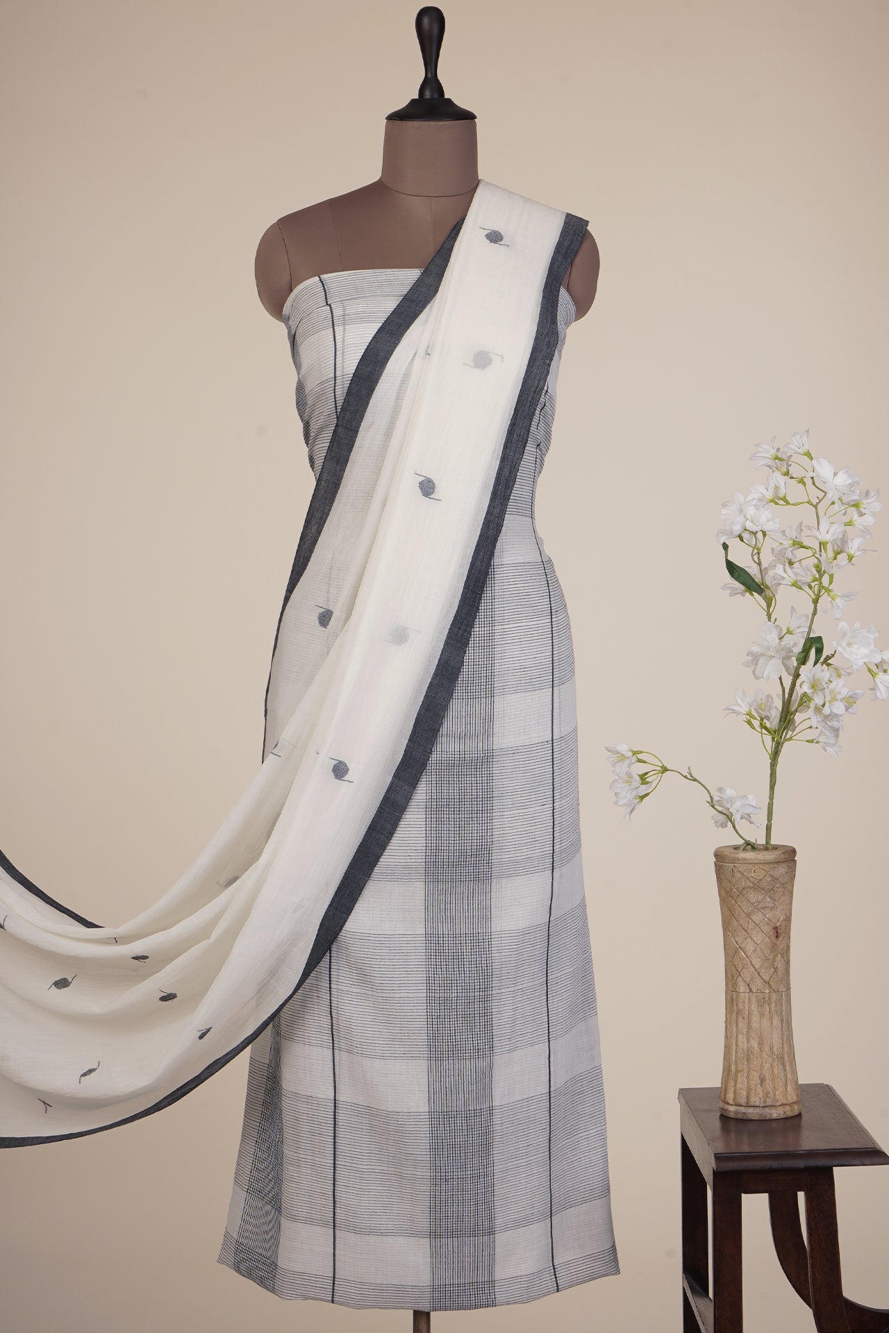 Off White-Grey Color Handwoven Jamdani Cotton Suit Set with Tassel Dupatta