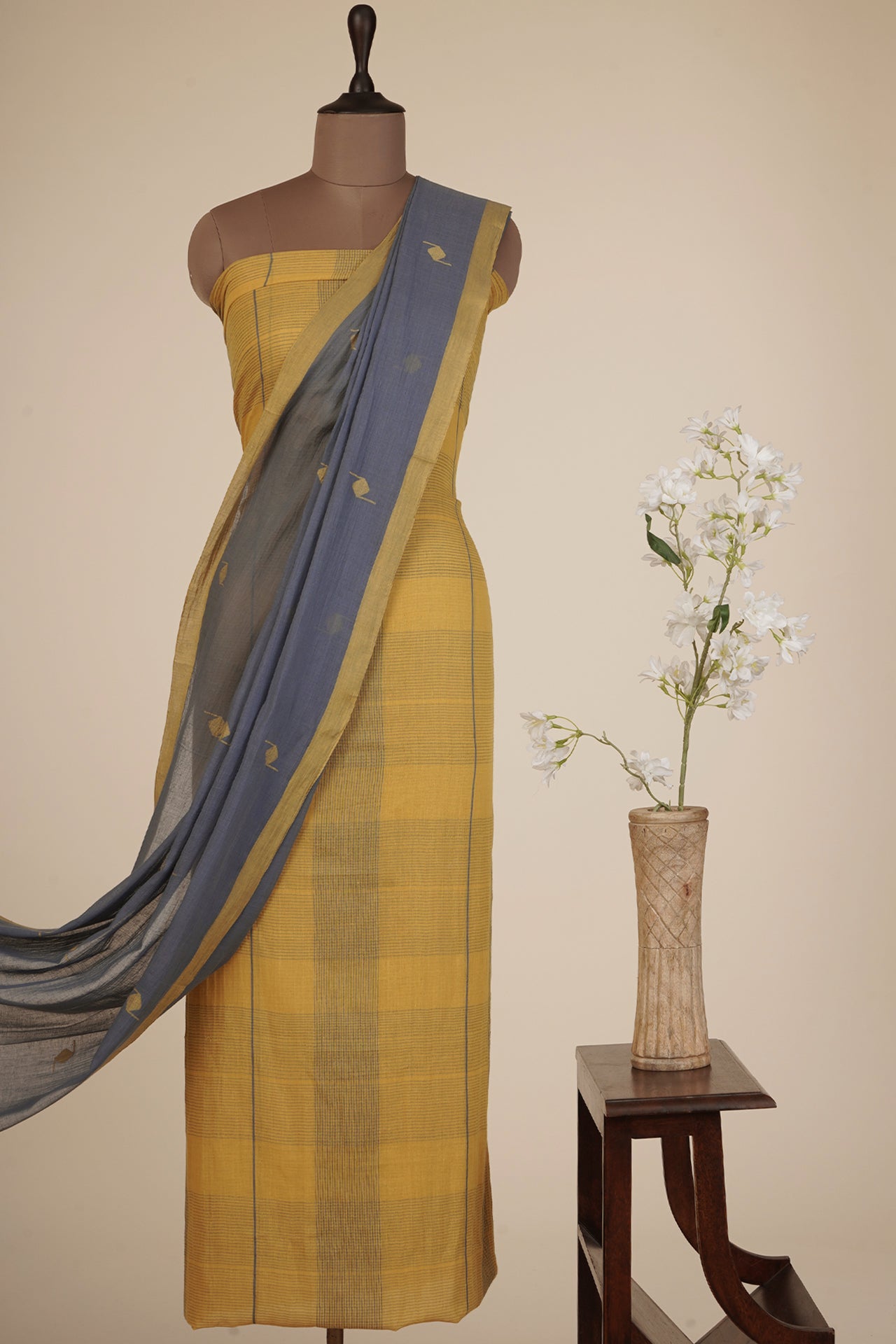 Yellow-Grey Color Handwoven Jamdani Cotton Suit Set with Tassel Dupatta