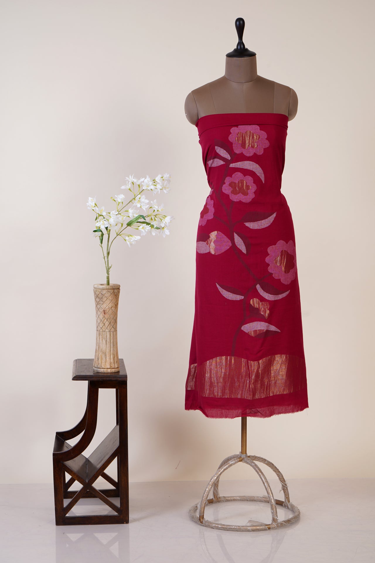 Maroon Color Handwoven Jamdani Cotton Dress or Kurta Piece