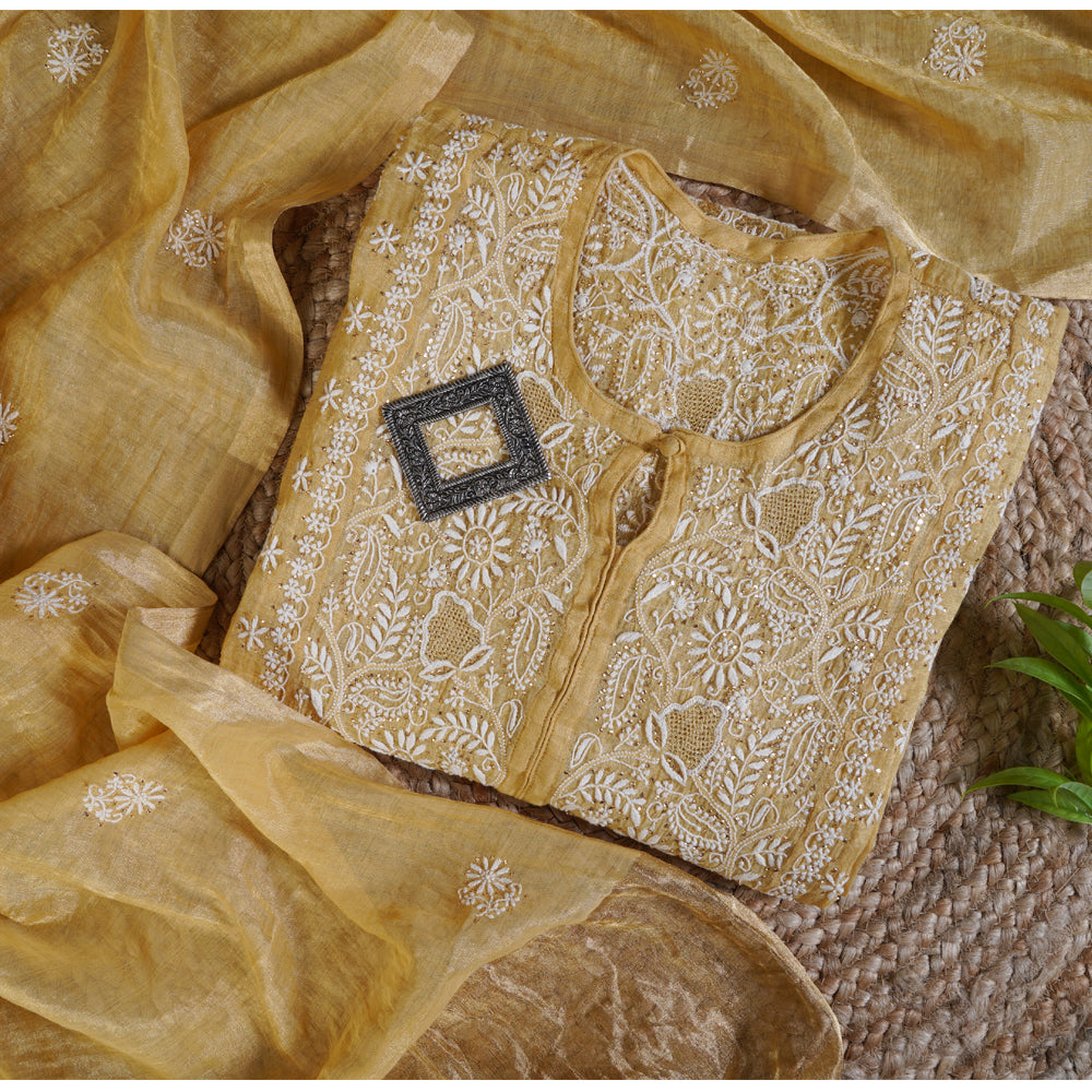 Yellow Color Handcrafted Chikankari with Mukaish Work Unstitched Pure Tissue Silk Kurta with Dupatta