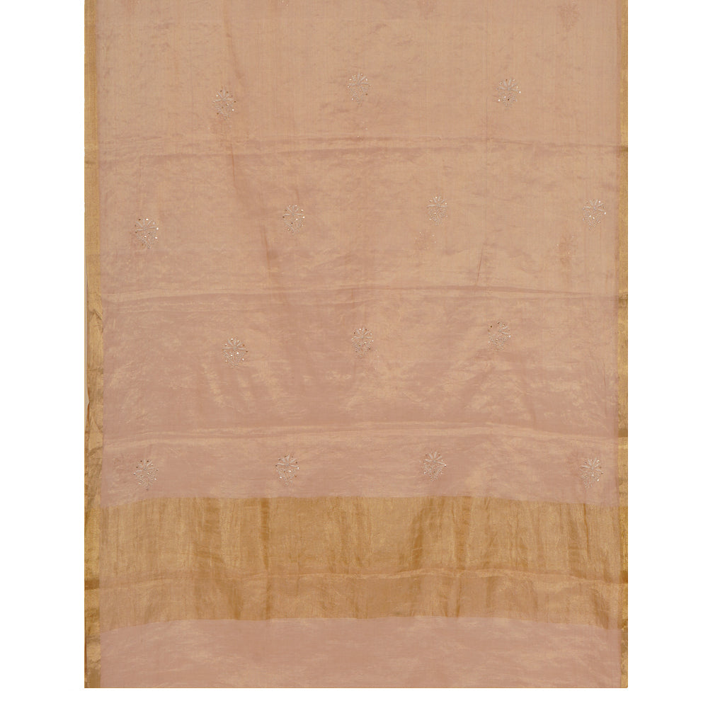 Peach Color Handcrafted Chikankari with Mukaish Work Unstitched Pure Tissue Silk Kurta with Dupatta