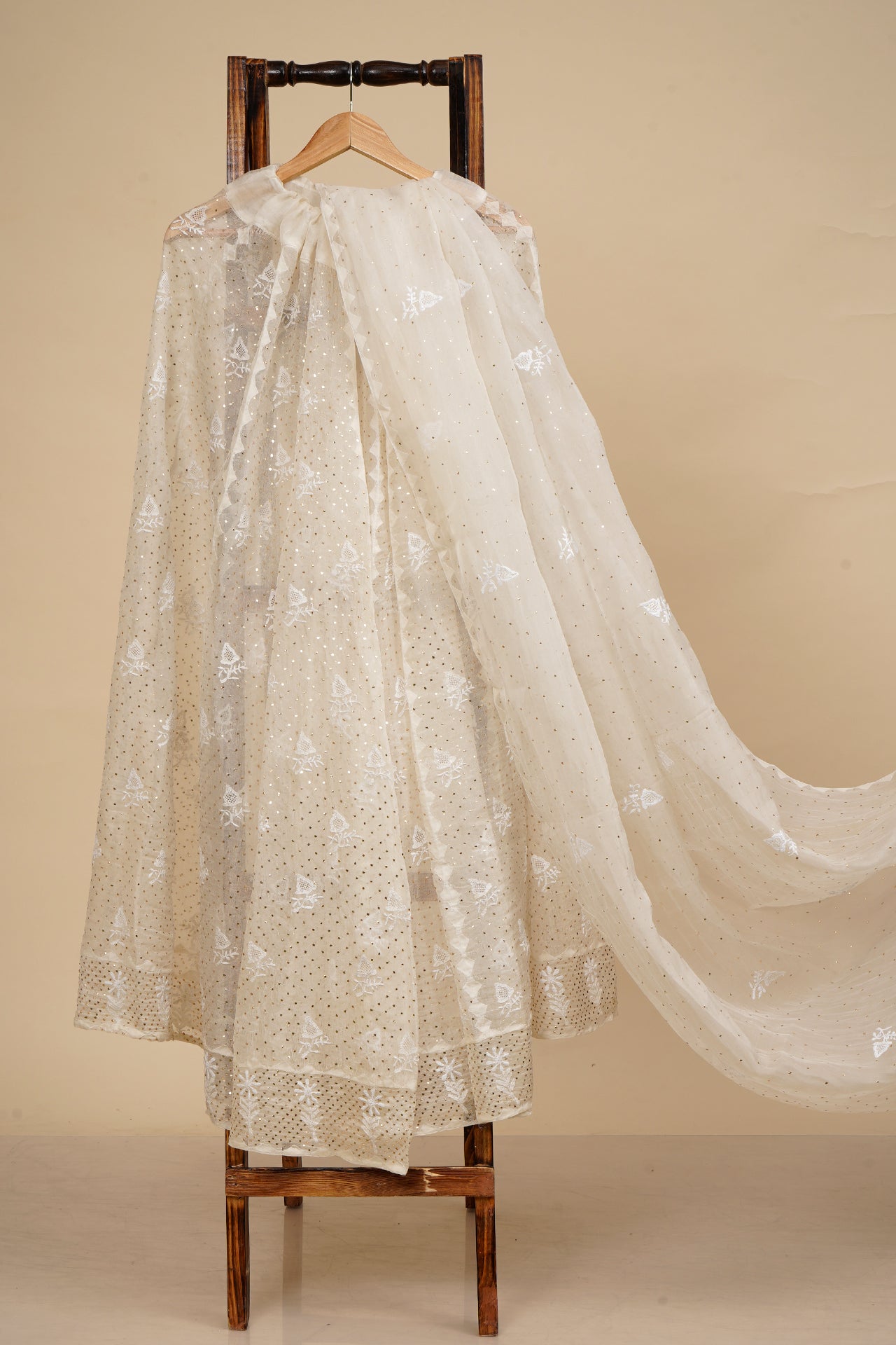 Off White Color Handcrafted Chikankari and Mukaish Work Unstitched Pure Organza Silk Lehenga Set with Dupatta