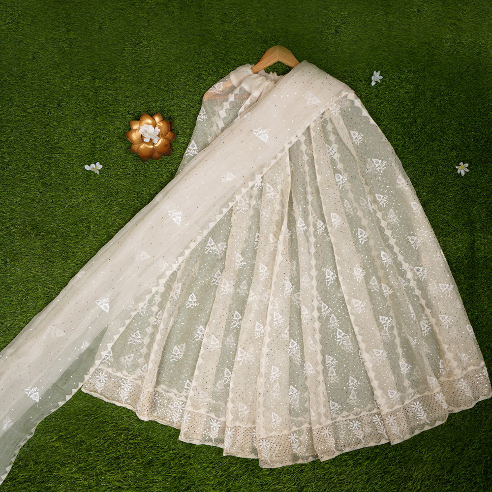 Off White Color Handcrafted Chikankari and Mukaish Work Unstitched Pure Organza Silk Lehenga Set with Dupatta