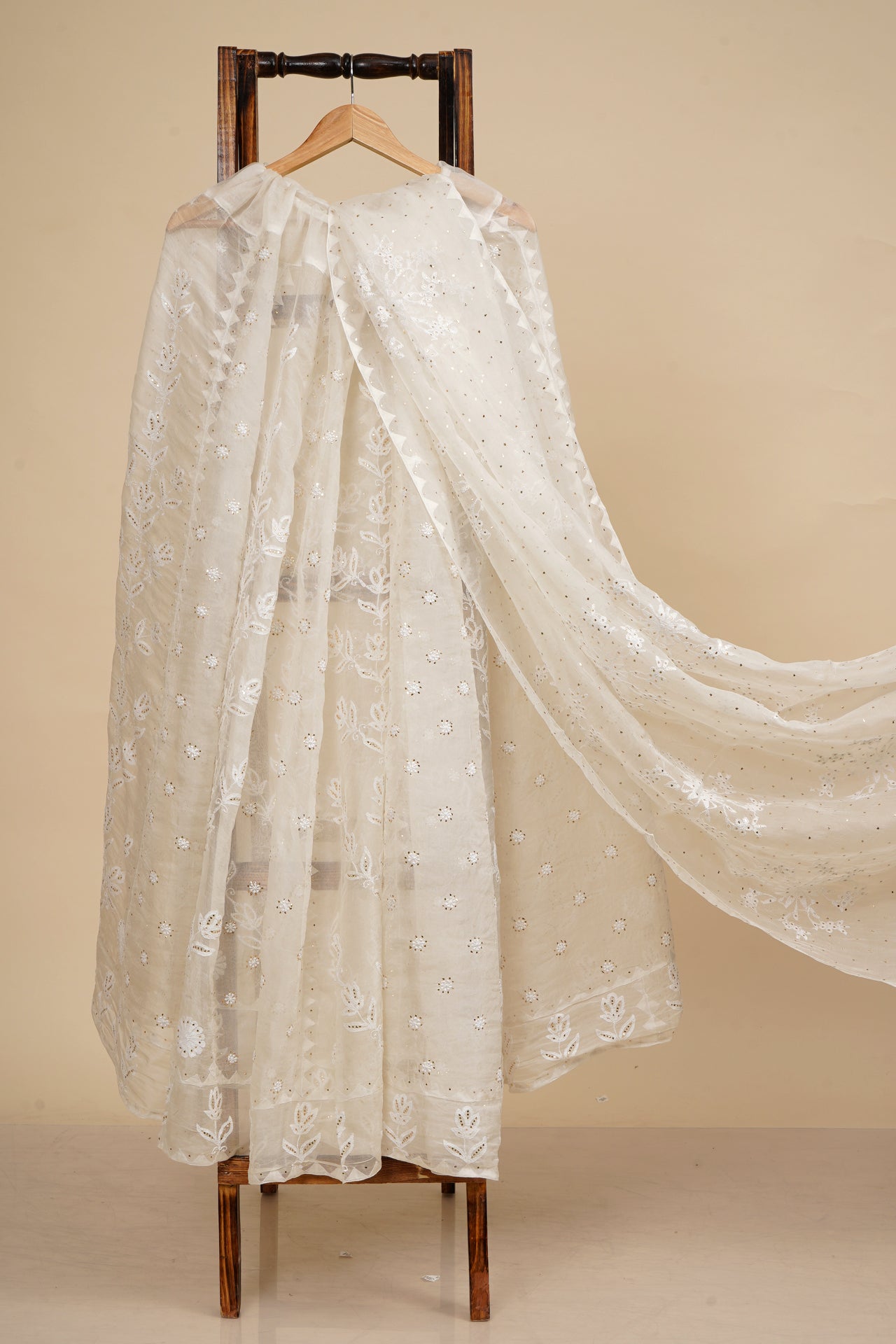 Off White Color Handcrafted Chikankari and Mukaish Work Unstitched Pure Organza Silk Lehenga Set with Dupatta