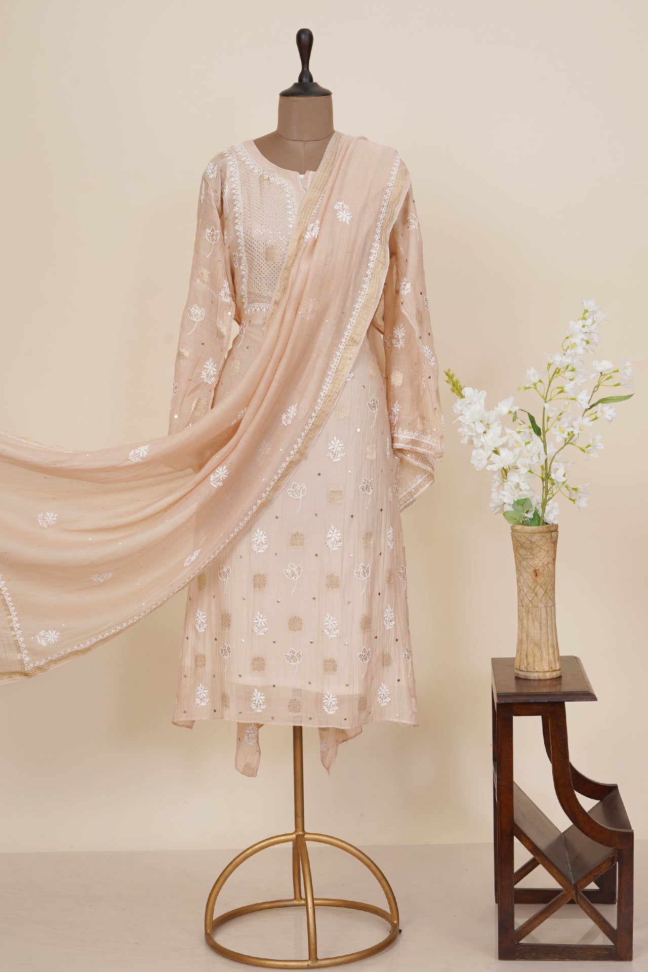 Wheat Color Handcrafted Chikankari with Mukaish Work Unstitched Pure Chanderi Kurta with Dupatta