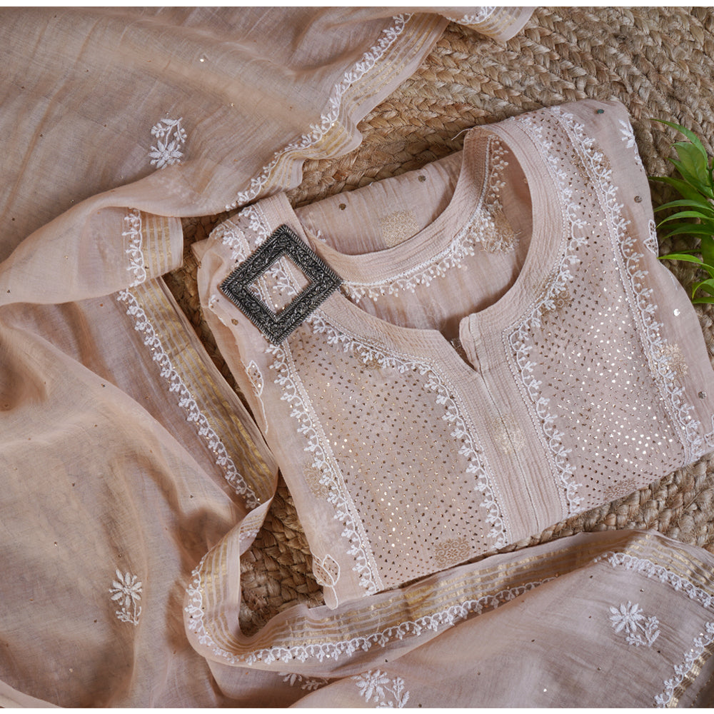 Wheat Color Handcrafted Chikankari with Mukaish Work Unstitched Pure Chanderi Kurta with Dupatta