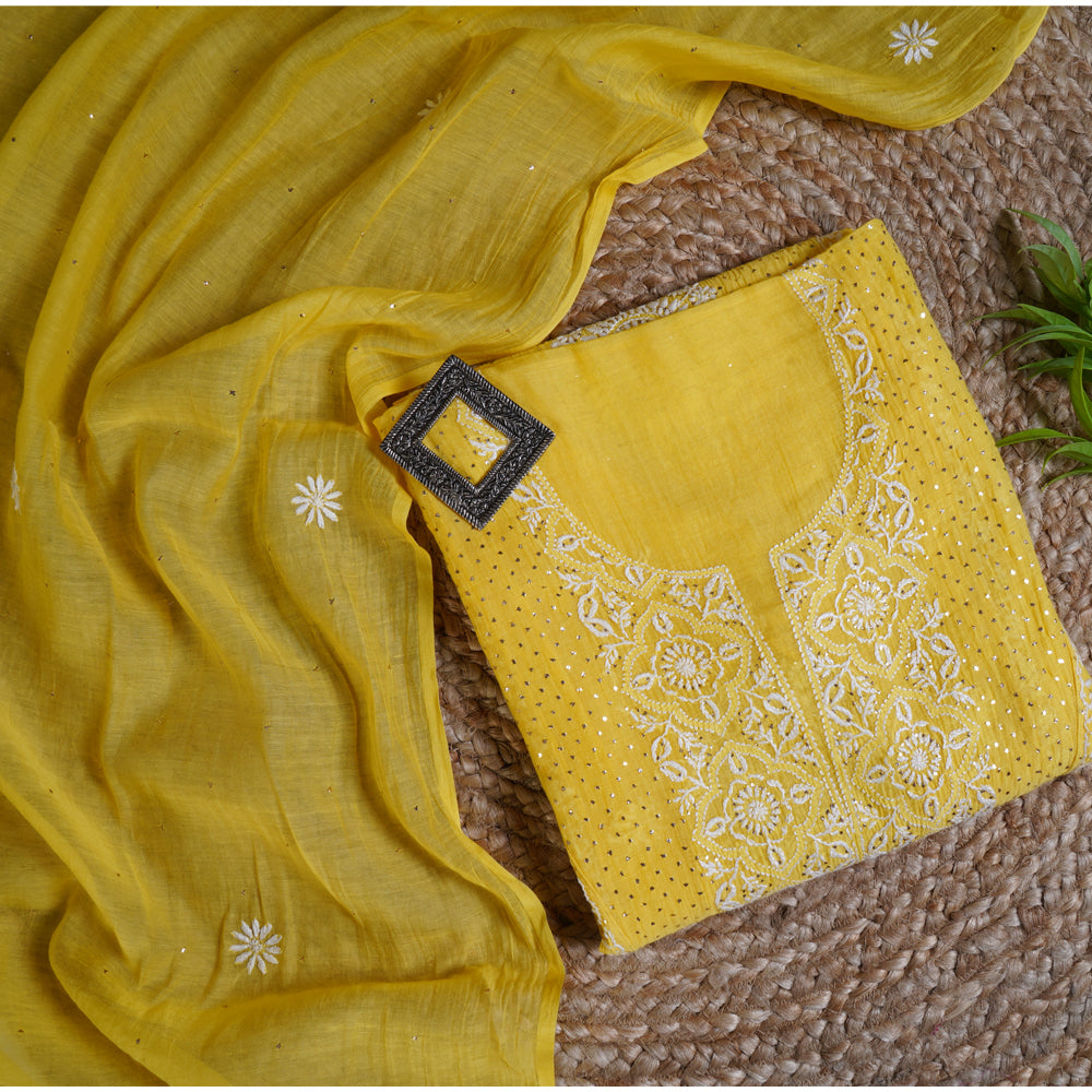 Yellow Color Handcrafted Chikankari with Mukaish Work Unstitched Pure Chanderi Kurta with Dupatta