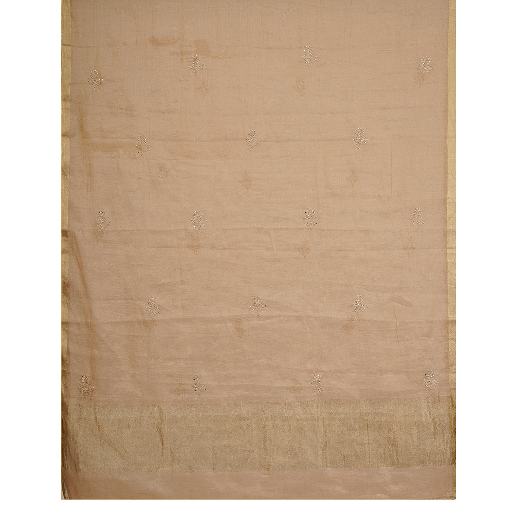 Desert Color Handcrafted Chikankari with Mukaish Work Unstitched Pure Tissue Silk Kurta with Dupatta