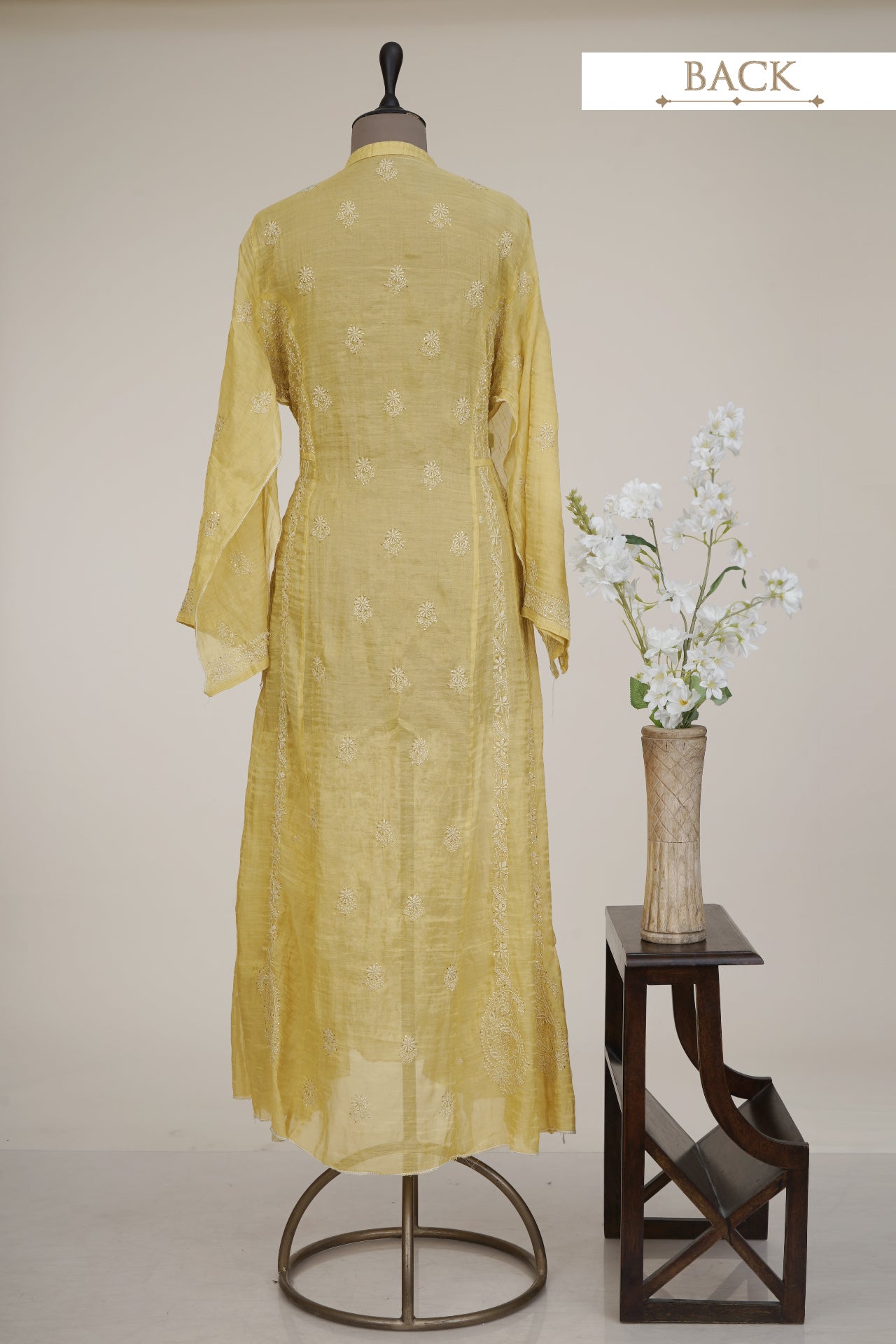 Gold Color Handcrafted Chikankari with Mukaish Work Unstitched Pure Tissue Silk Kurta with Dupatta
