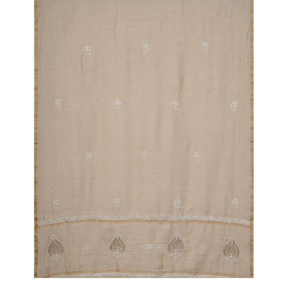 Beige Color Handcrafted Chikankari with Stone Work Unstitched Pure Muga Silk Kurta with Dupatta