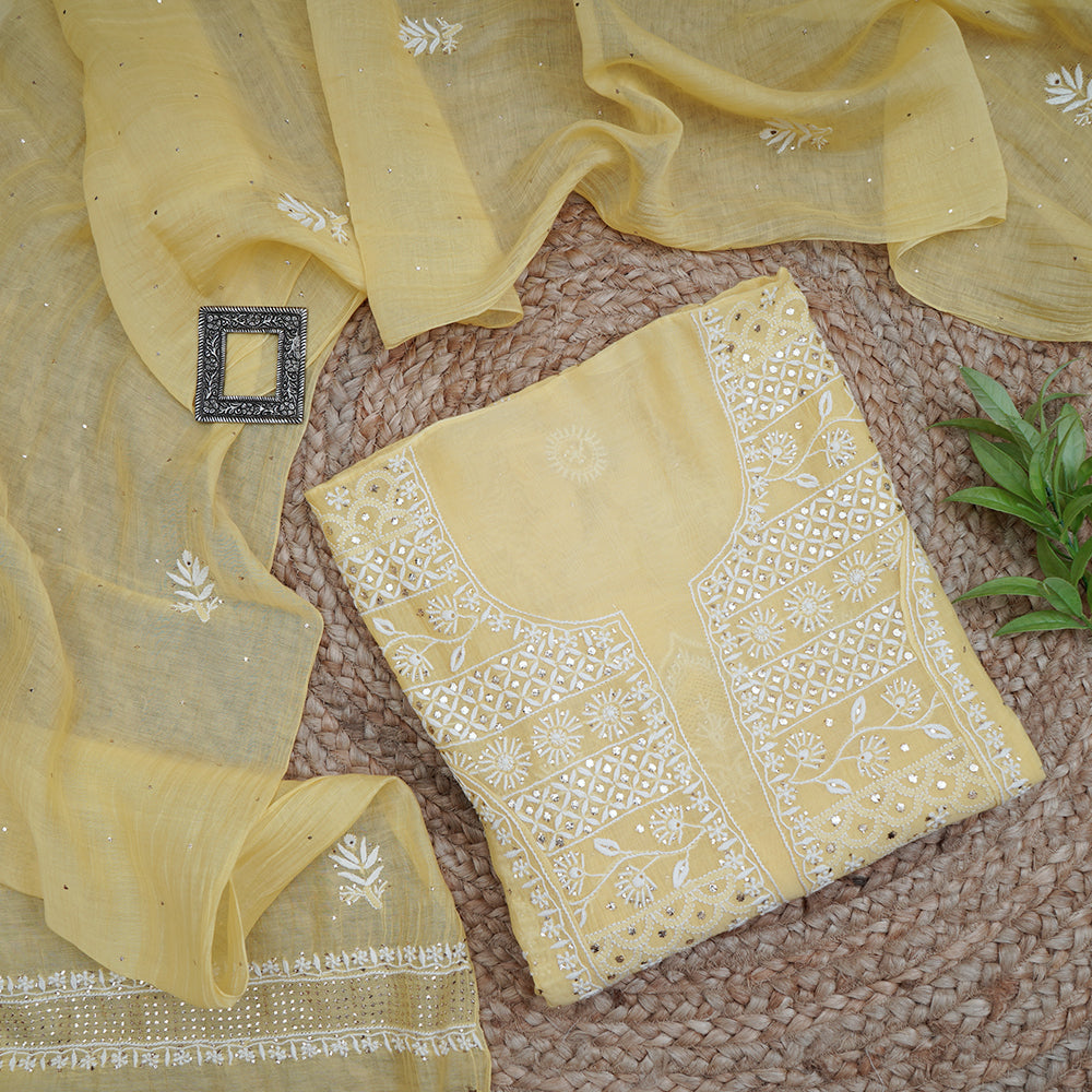 Yellow Color Handcrafted Chikankari with Mukaish Work Unstitched Pure Chanderi Kurta with Dupatta