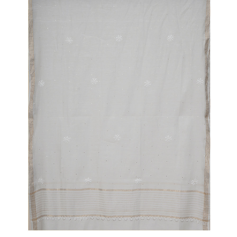 Off-White Color Handcrafted Chikankari with Mukaish Work Unstitched Pure Chanderi Kurta with Dupatta