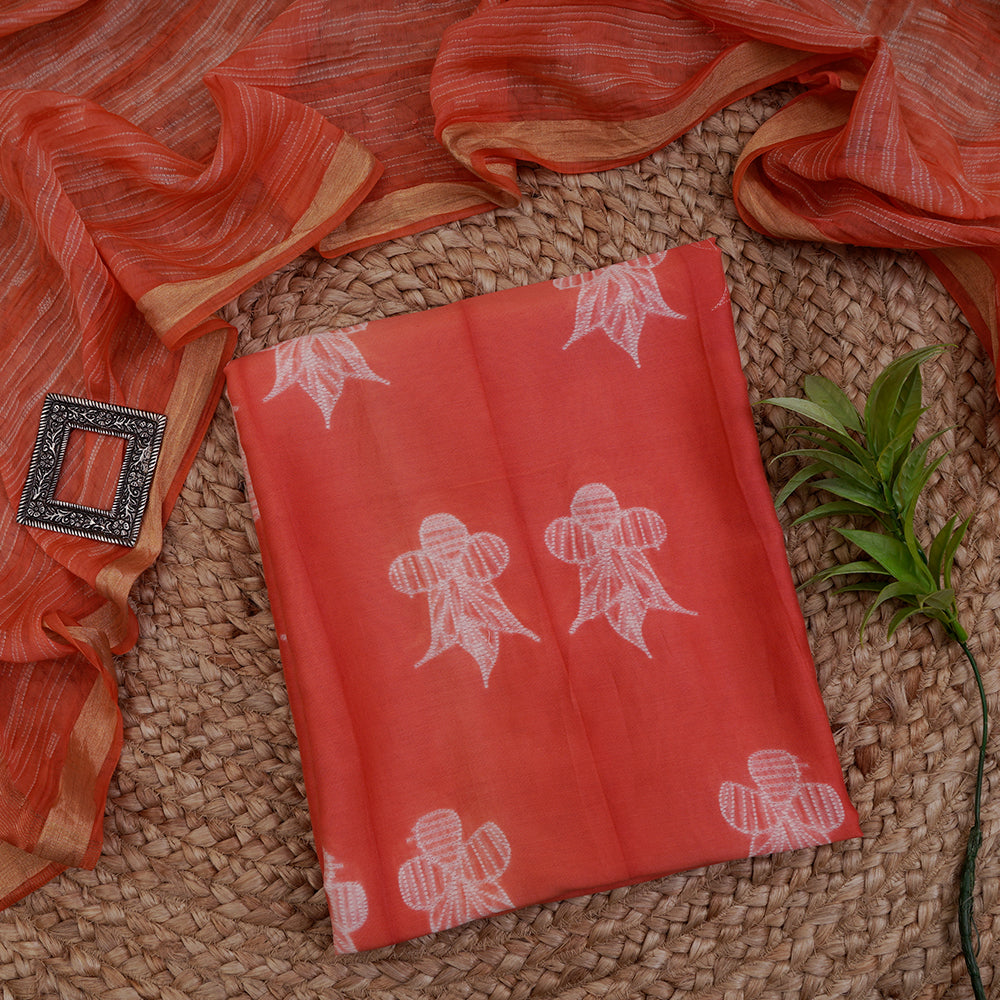 Salmon Color Handcrafted Shibori Printed Pure Chanderi Unstitched Suit Set (Top & Dupatta)