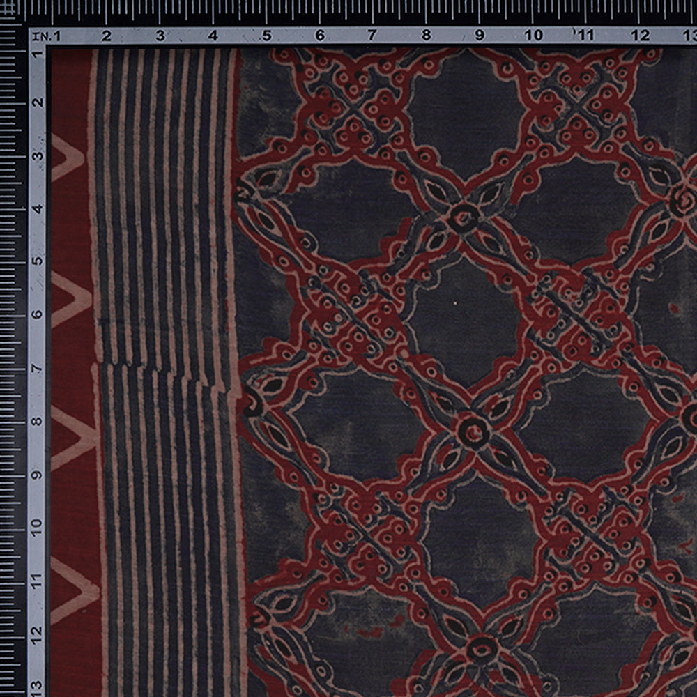 (Pre-Cut Approx 2.5 Mtr) Maroon-Blue Color Handcrafted Ajrak Printed Pure Cotton Fabric