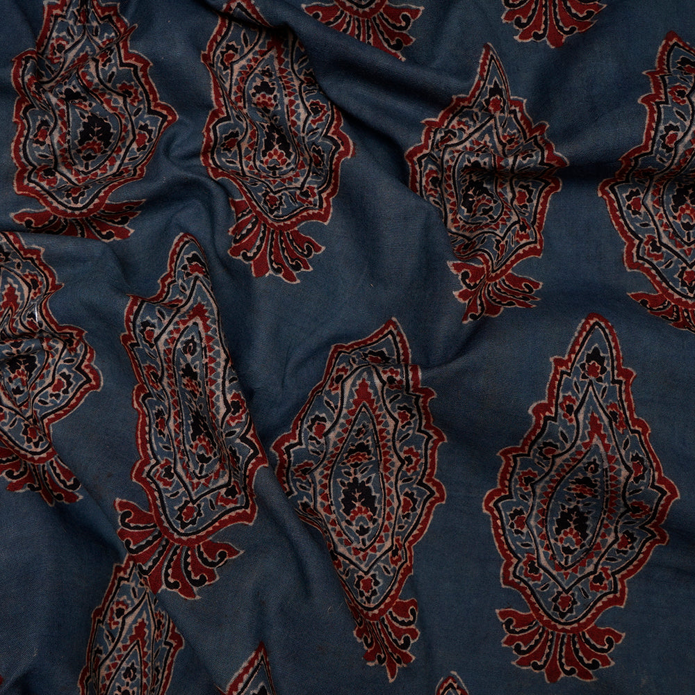 (Pre-Cut Approx 3 Mtr) Navy Color Handcrafted Ajrak Printed Pure Cotton Fabric