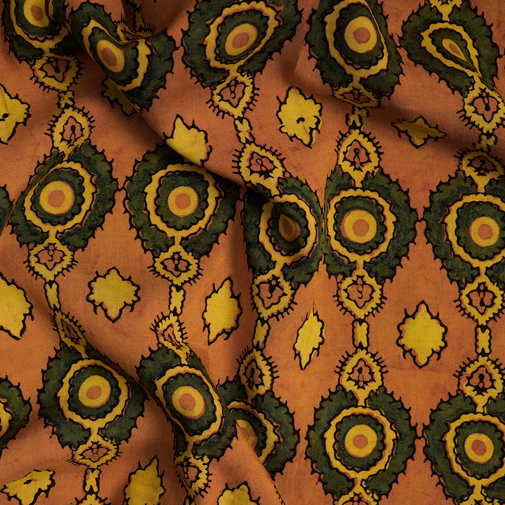 (Pre-Cut Approx 3 Mtr) Pumpkin-Green Color Handcrafted Ajrak Printed Pure Cotton Fabric
