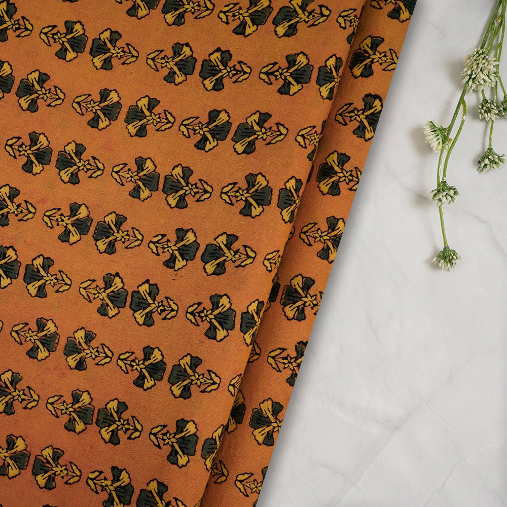 (Pre-Cut Approx 3 Mtr) Pumpkin Color Handcrafted Ajrak Printed Pure Cotton Fabric