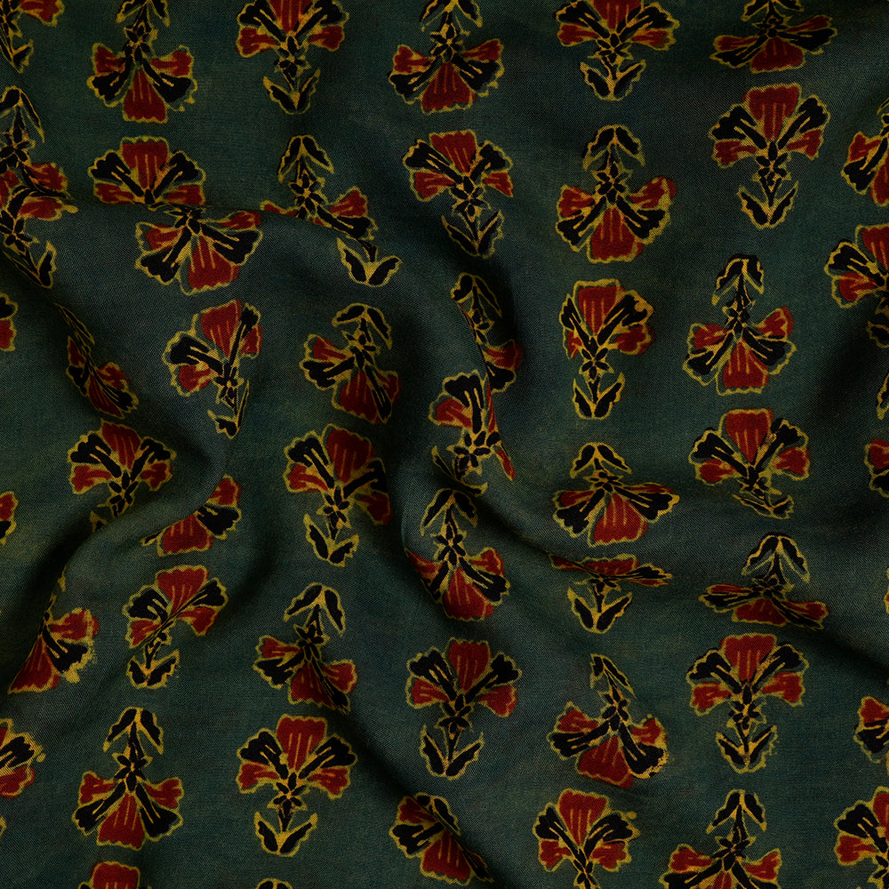 (Pre-Cut Approx 3 Mtr) Forest Green Color Handcrafted Ajrak Printed Pure Cotton Fabric