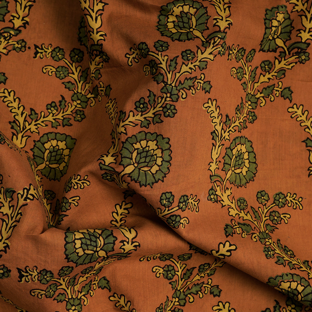 (Pre-Cut Approx 3 Mtr) Orange-Green Color Handcrafted Ajrak Printed Pure Cotton Fabric