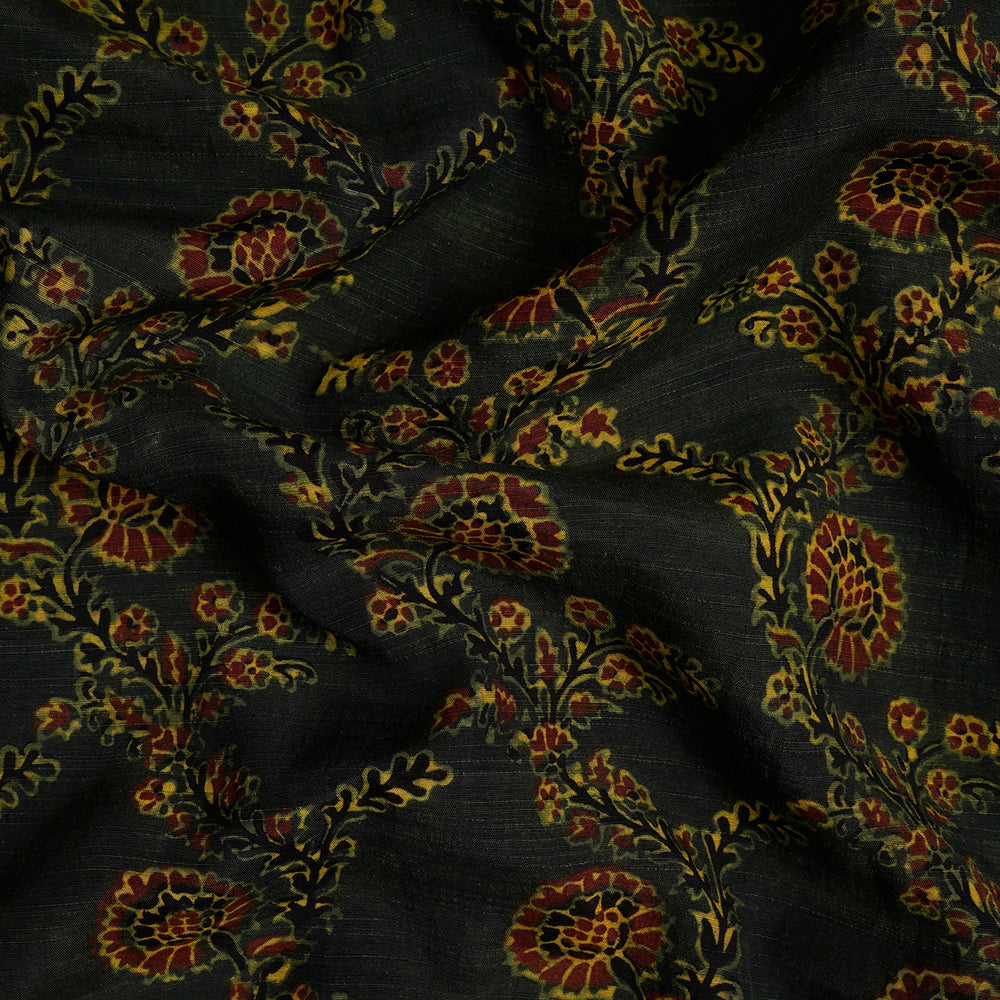 (Pre-Cut Approx 3 Mtr) Dark Green Color Handcrafted Ajrak Printed Pure Cotton Fabric