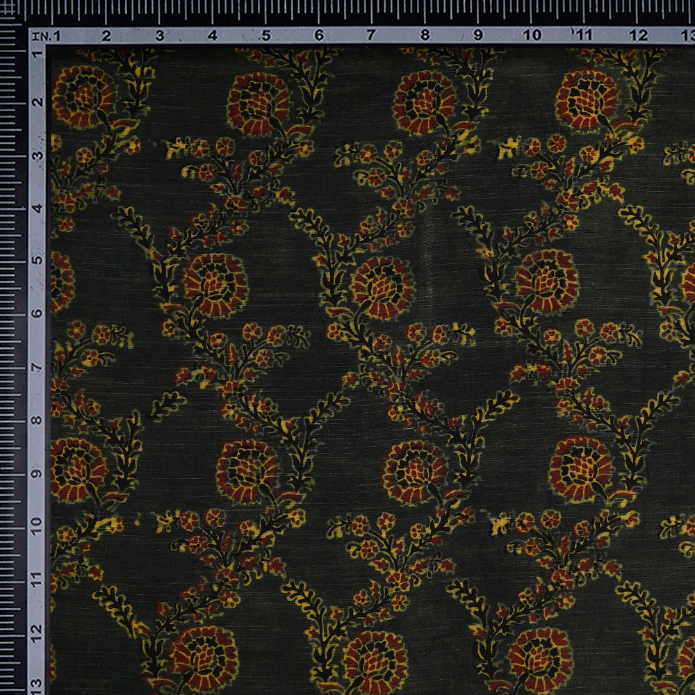 (Pre-Cut Approx 3 Mtr) Dark Green Color Handcrafted Ajrak Printed Pure Cotton Fabric