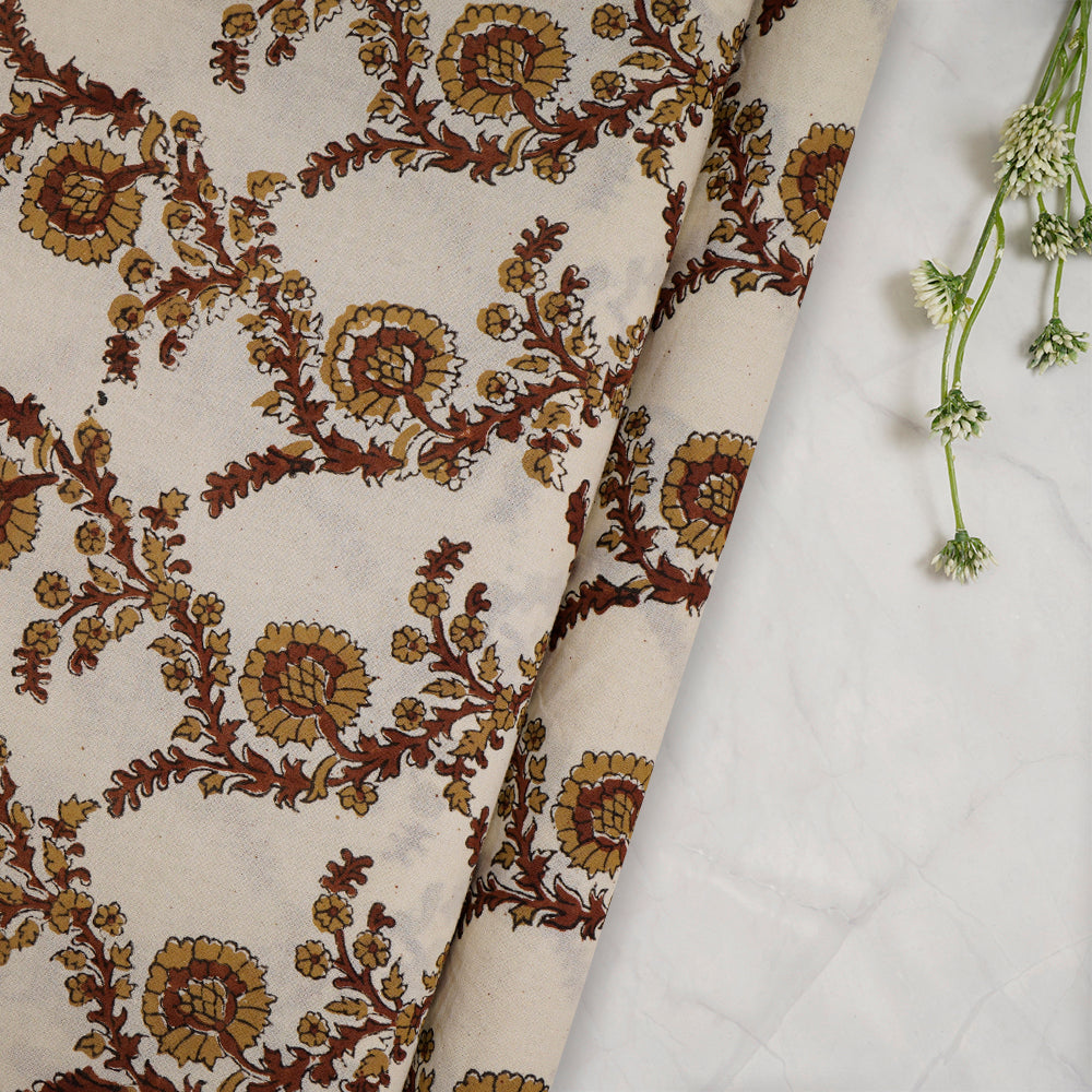 (Pre-Cut Approx 3 Mtr) Cream-Desert Color Handcrafted Ajrak Printed Pure Cotton Fabric