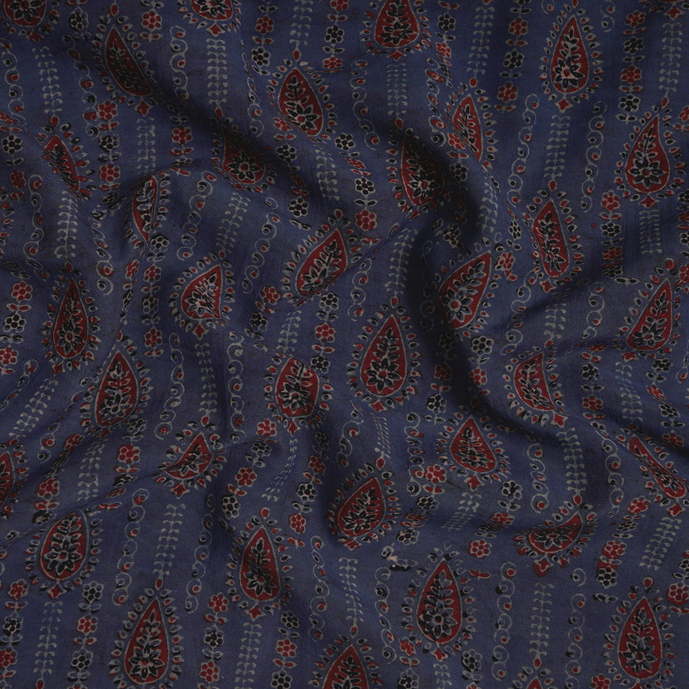 (Pre-Cut Approx 3 Mtr) Blue Color Handcrafted Ajrak Printed Pure Cotton Fabric
