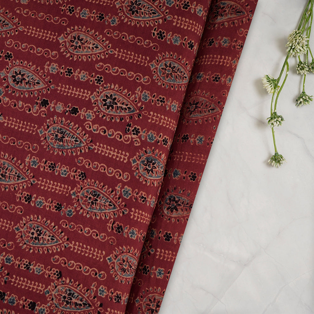 (Pre-Cut Approx 3 Mtr) Red Color Handcrafted Ajrak Printed Pure Cotton Fabric