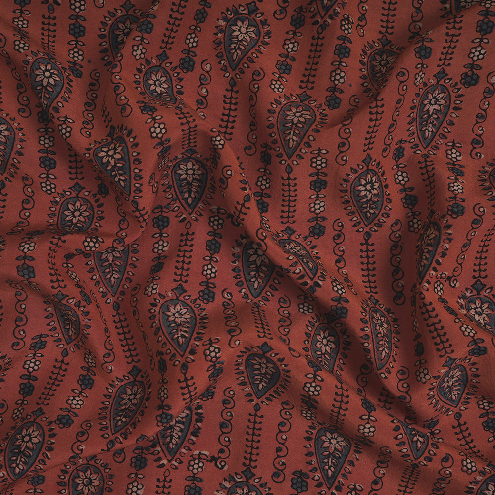 (Pre-Cut Approx 3 Mtr) Terracotta Color Handcrafted Ajrak Printed Pure Cotton Fabric