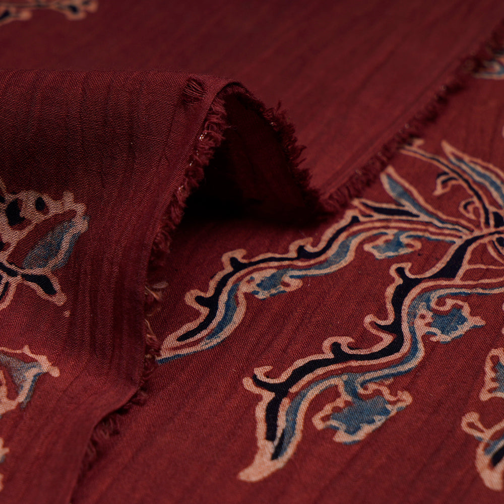 (Pre-Cut Approx 3 Mtr) Maroon Color Handcrafted Ajrak Printed Pure Cotton Fabric