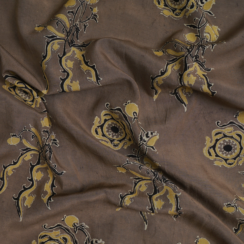 (Pre-Cut Approx 3 Mtr) Dark Mushroom-Yellow Color Handcrafted Ajrak Printed Pure Cotton Fabric