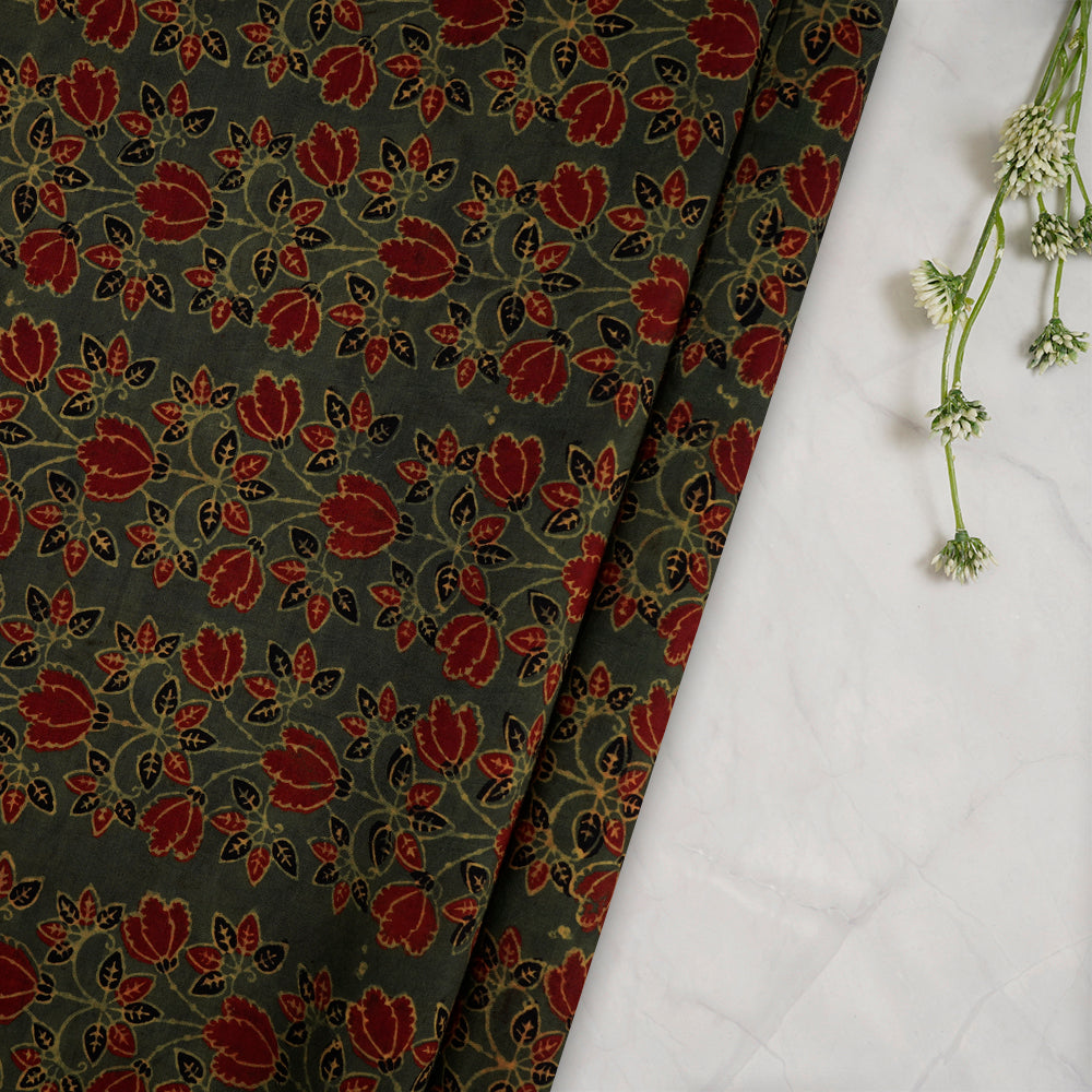 (Pre-Cut Approx 3 Mtr) Forest Green-Maroon Color Handcrafted Ajrak Printed Pure Cotton Fabric
