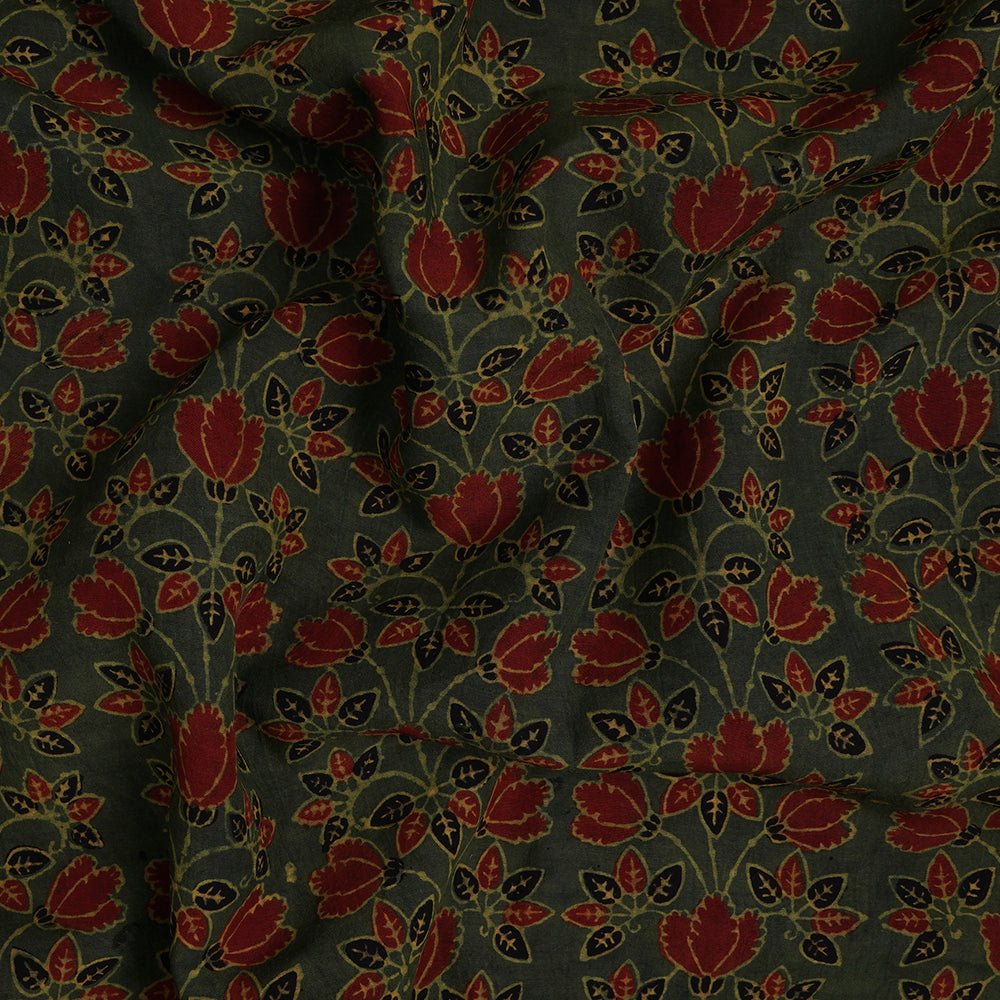 (Pre-Cut Approx 3 Mtr) Forest Green-Maroon Color Handcrafted Ajrak Printed Pure Cotton Fabric