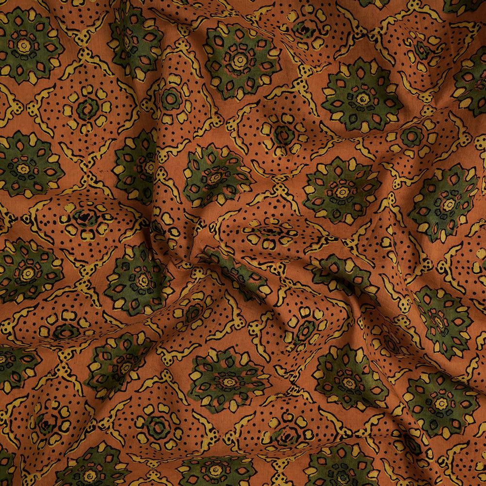 (Pre-Cut Approx 3 Mtr) Orange Color Handcrafted Ajrak Printed Pure Cotton Fabric
