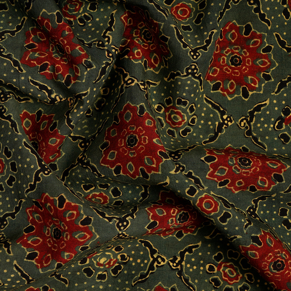 (Pre-Cut Approx 3 Mtr) Forest Green-Black Color Handcrafted Ajrak Printed Pure Cotton Fabric