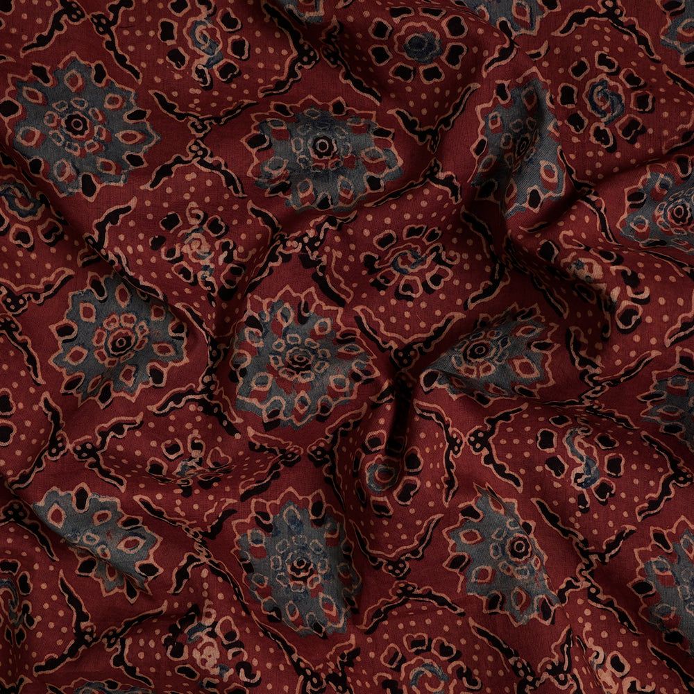 (Pre-Cut Approx 3 Mtr) Maroon-Black Color Handcrafted Ajrak Printed Pure Cotton Fabric