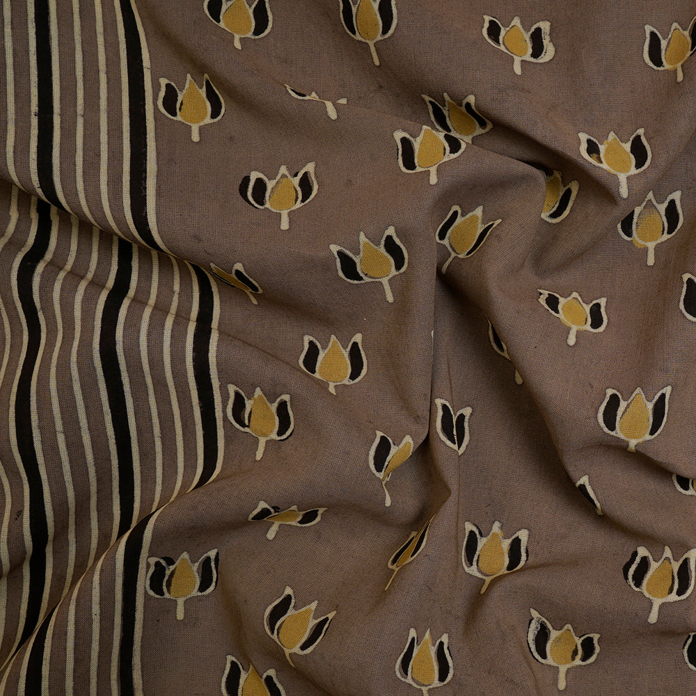 (Pre-Cut Approx 3 Mtr) Dark Mushroom-Cream Color Handcrafted Ajrak Printed Pure Cotton Fabric