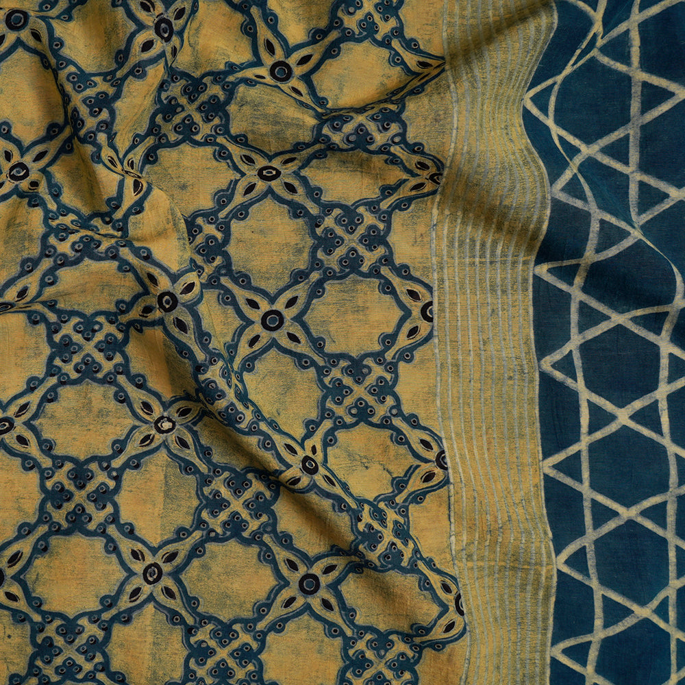 (Pre-Cut Approx 3 Mtr) Blue-Marigold Color Handcrafted Ajrak Printed Pure Cotton Fabric