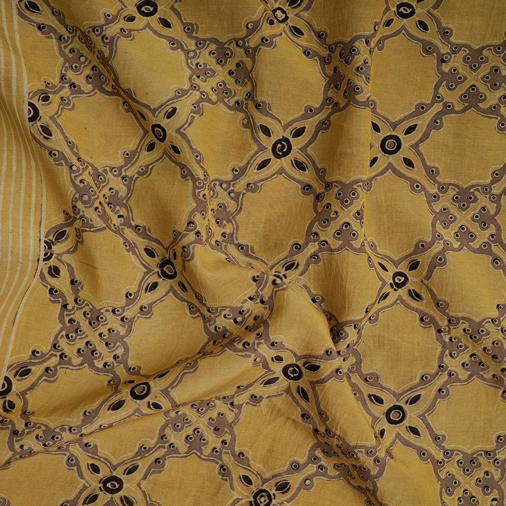 (Pre-Cut Approx 3 Mtr) Rodeo Dust-Yellow Color Handcrafted Ajrak Printed Pure Cotton Fabric