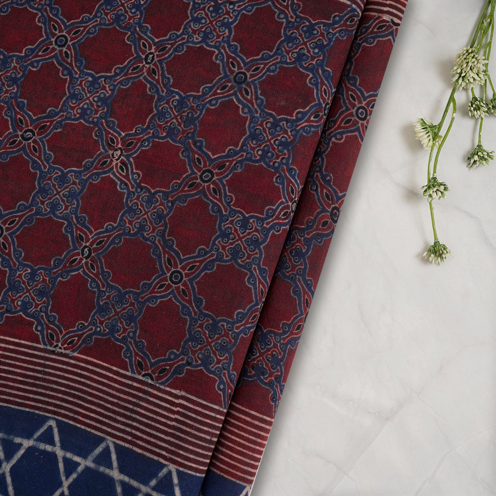 (Pre-Cut Approx 3 Mtr) Blue-Red Color Handcrafted Ajrak Printed Pure Cotton Fabric