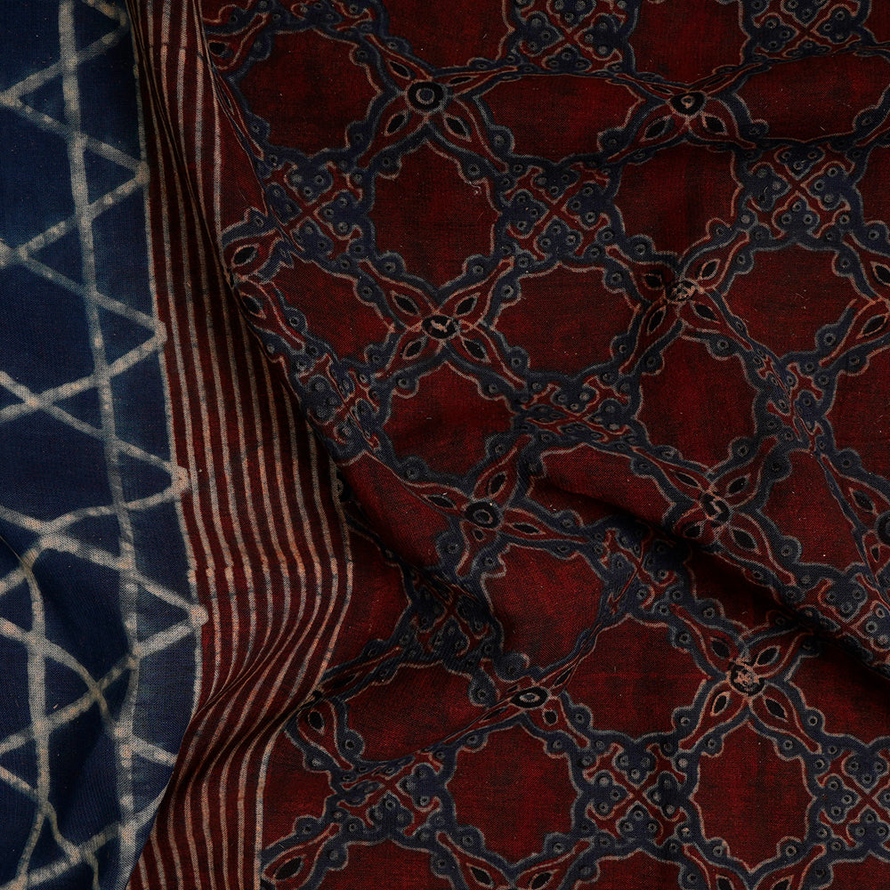 (Pre-Cut Approx 3 Mtr) Blue-Red Color Handcrafted Ajrak Printed Pure Cotton Fabric