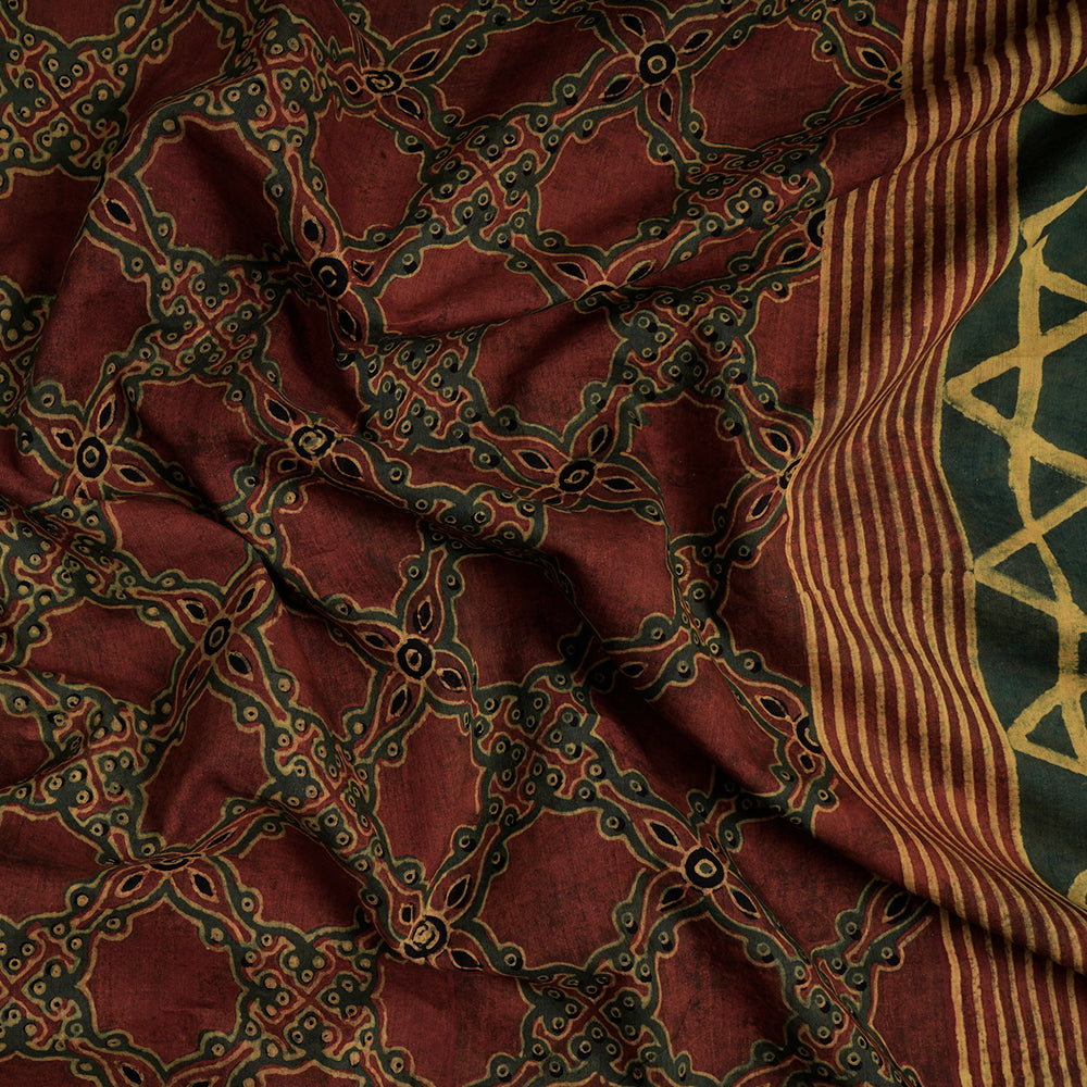 (Pre-Cut Approx 3 Mtr) Forest Green-Maroon Color Handcrafted Ajrak Printed Pure Cotton Fabric