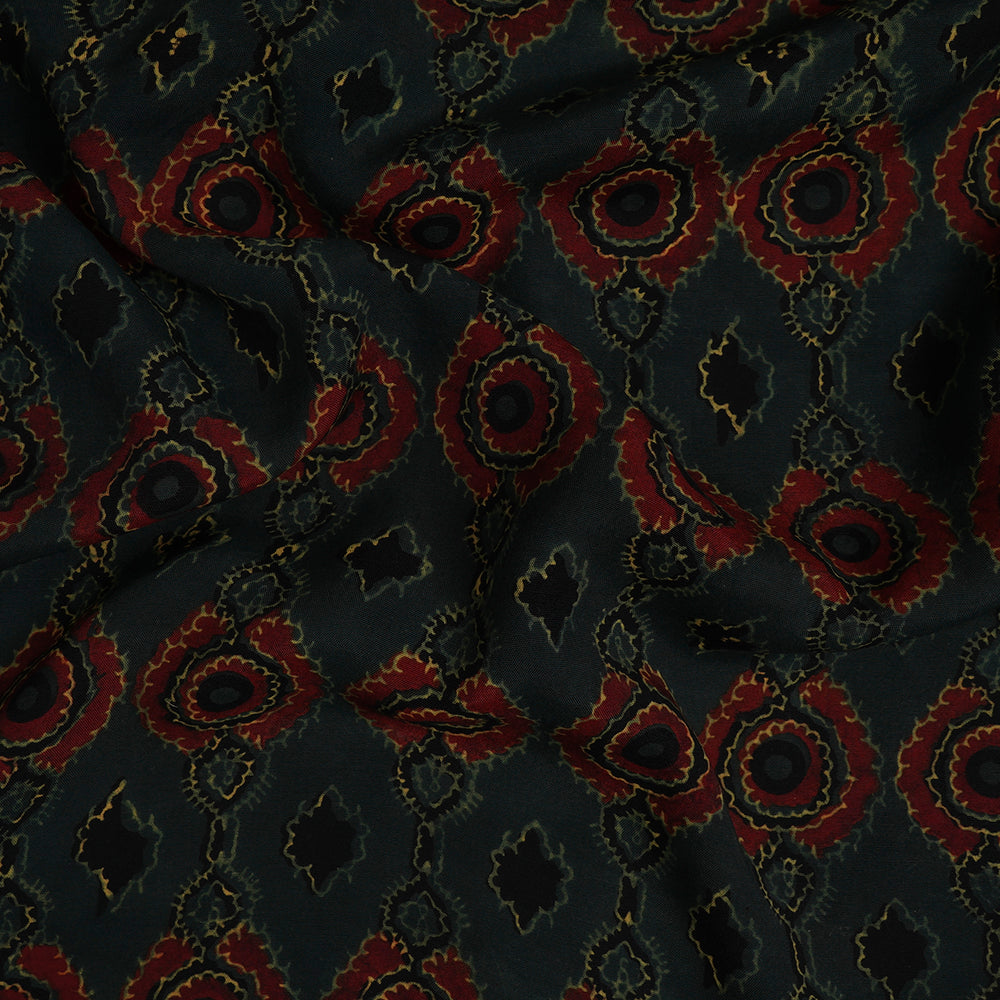 (Pre-Cut Approx 3 Mtr) Dark Forest Green Color Handcrafted Ajrak Printed Pure Cotton Fabric