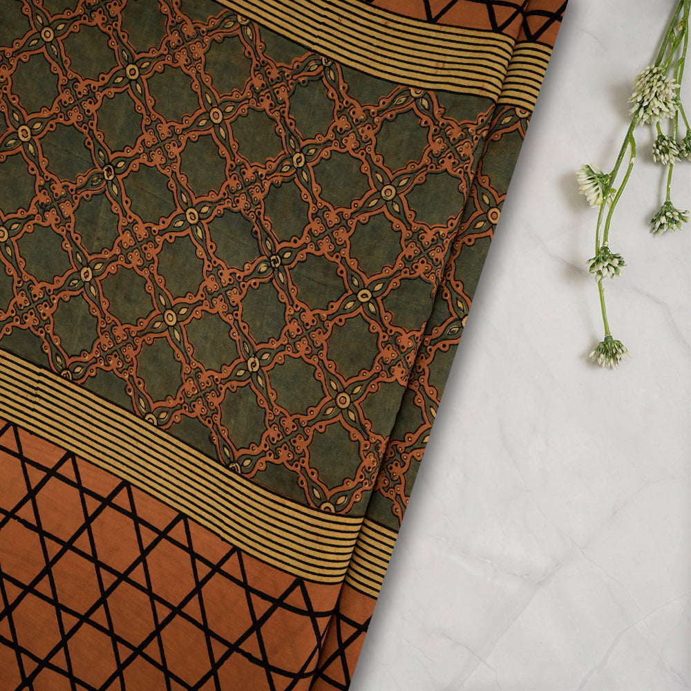 (Pre-Cut Approx 3 Mtr) Orange-Black Color Handcrafted Ajrak Printed Pure Cotton Fabric