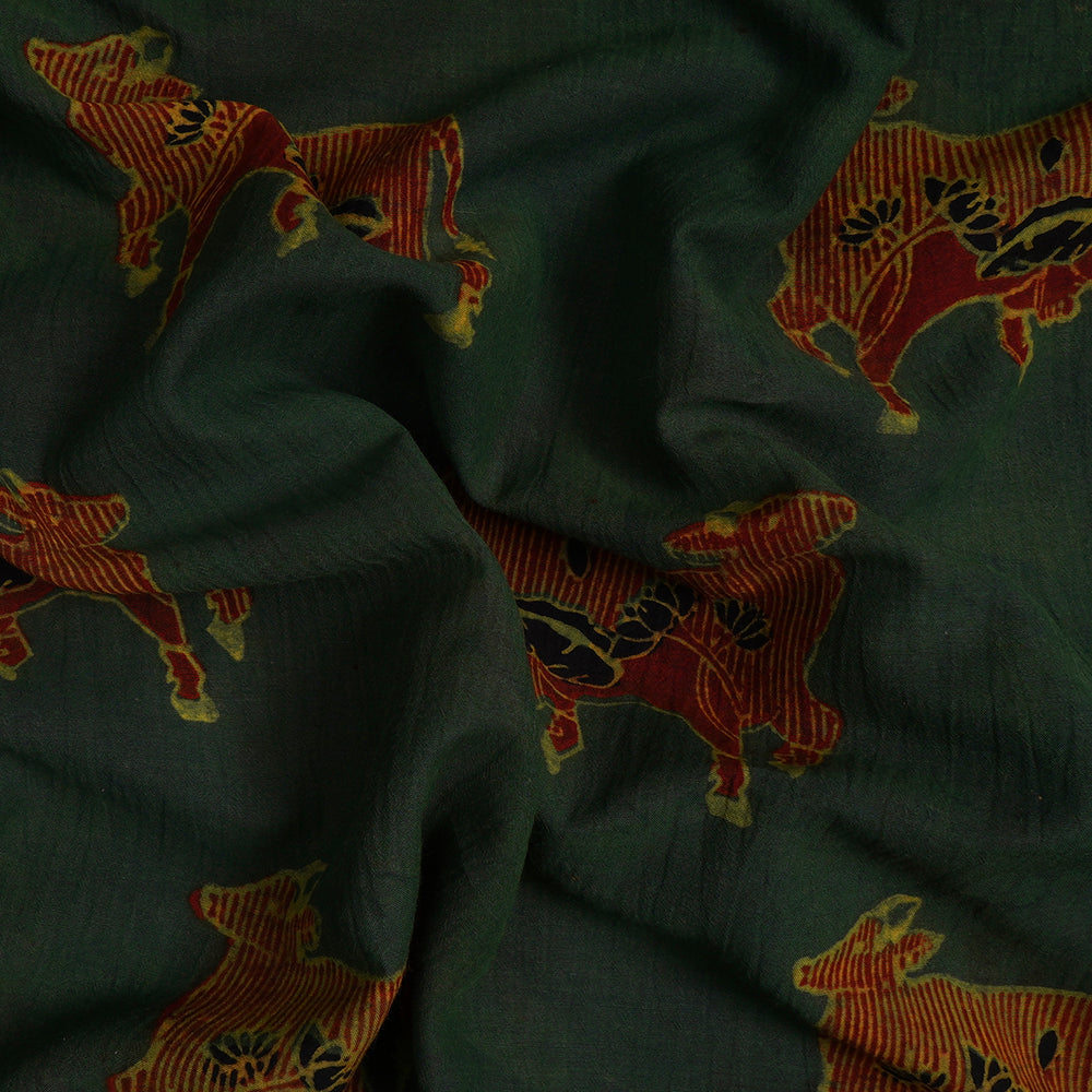(Pre-Cut Approx 3 Mtr) Forest Green Color Handcrafted Ajrak Printed Pure Cotton Fabric