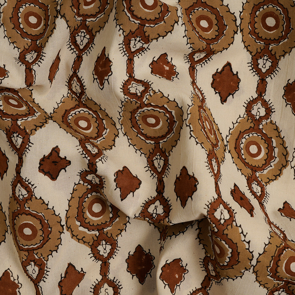 (Pre-Cut Approx 3 Mtr) Cream-Desert Color Handcrafted Ajrak Printed Pure Cotton Fabric